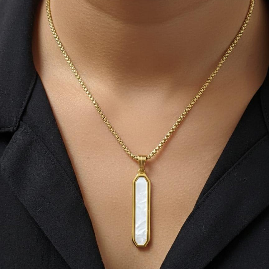 Gold necklace with a rectangular pendant